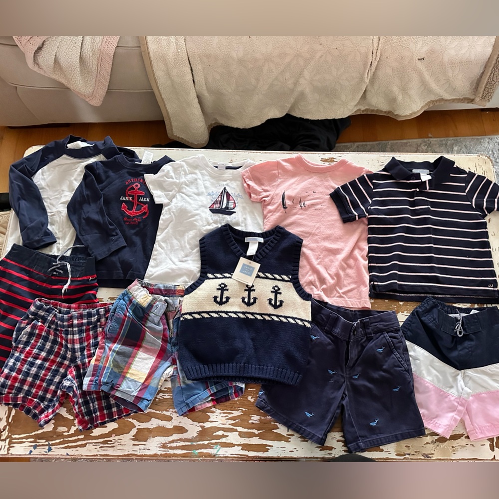 11 piece Janie and Jack boys 2T clothing - 6 shirts 5 shorts- pink navy swim